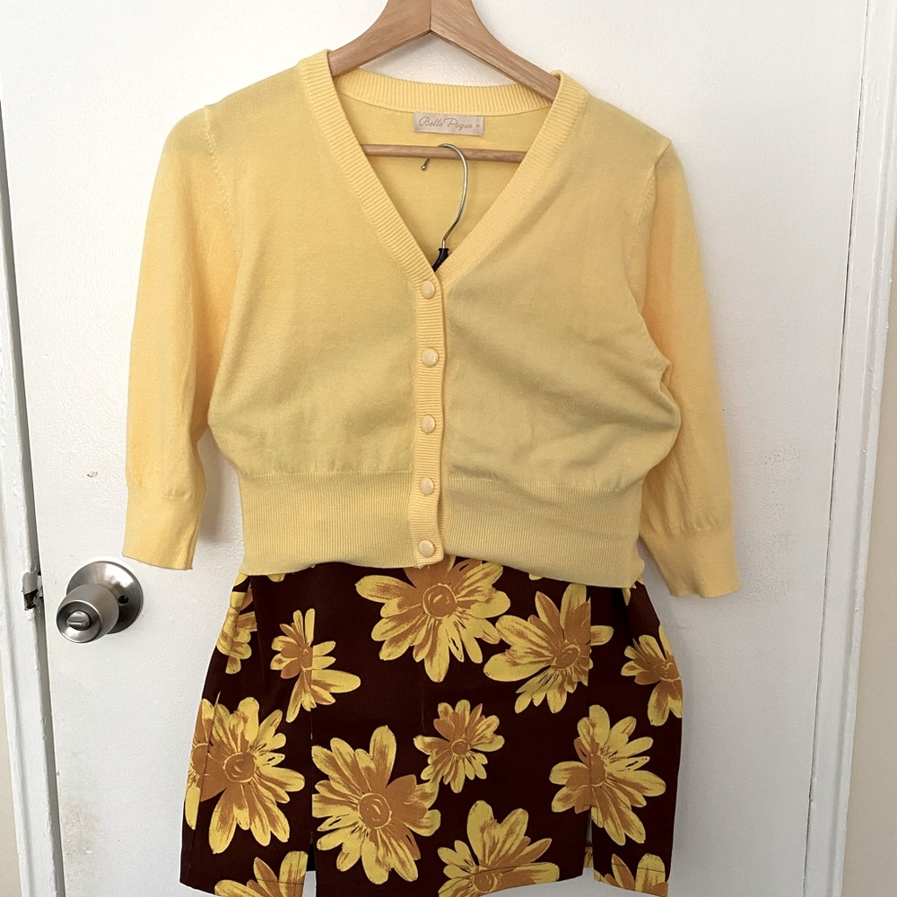 Sunflower miniskirt and matching lemon yellow cardigan. Small